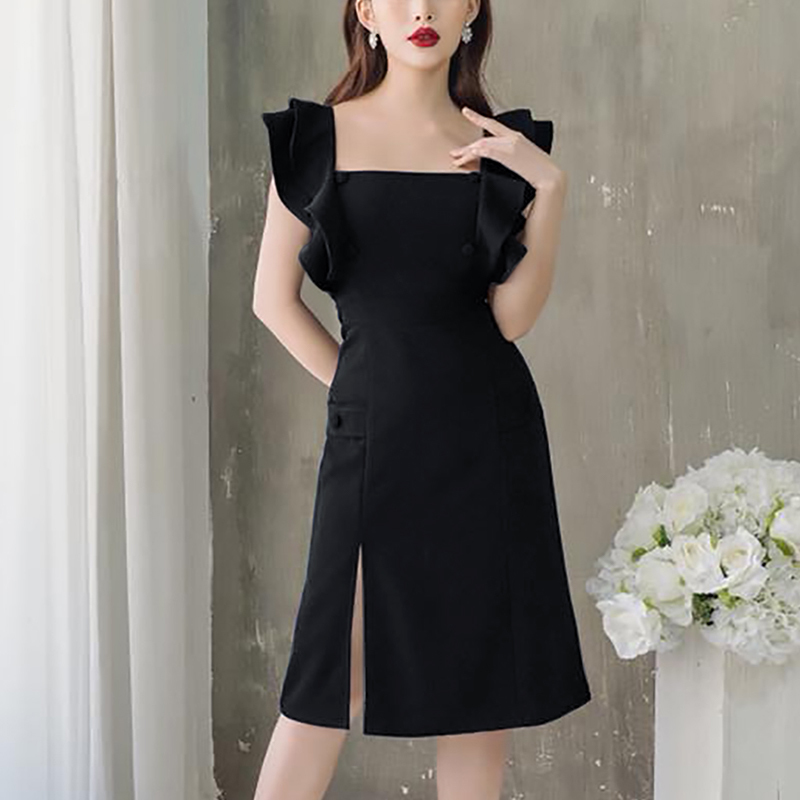 Women Sexy Black Split Dress Sheath Ruffles Butterfly Sleeve Bodycon Square Collar Lady Fashion Party 210506