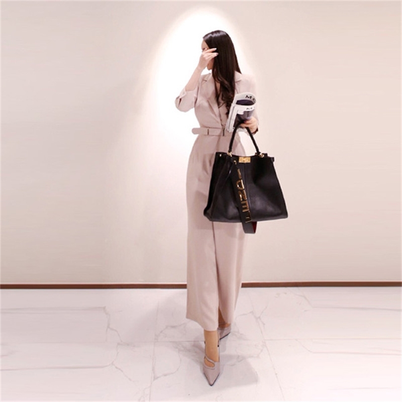 Spring Women Fashion Elegant Office OL Workwear Casual Jumpsuits Long Sleeve Wide Leg Romper With Belt 210519