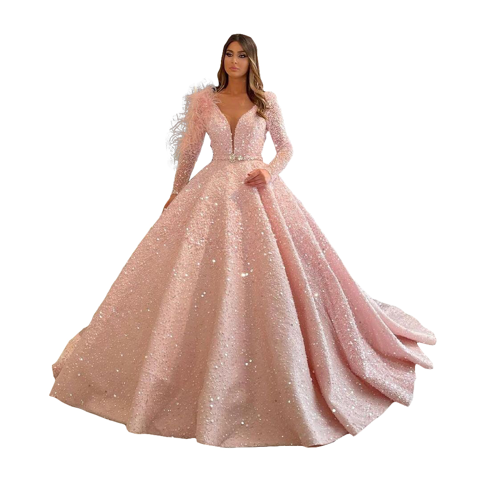 Light Pink Princess Quinceanera Dress Feather V Neck Glitter Sequins Flowers Party Sweet 16 Gown Vestidos De 15 Años