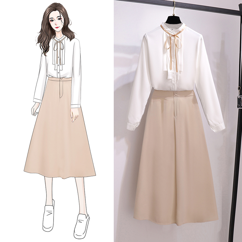 Fairy Skirt Suit Chiffon Blouse Top Long Shirt With Long Sleeves Autumn Coat Of Long Skirts Suits Women Office Otufit Set Cloth 210515