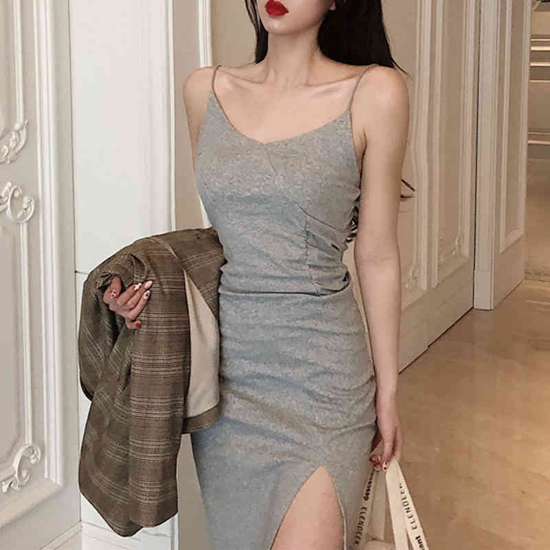 Summer Vintage Sexy Solid Black Slit Strap Dress Women High Waist Knee Length Sleeveless Slim Casual Dresses Lady D12701X 210416