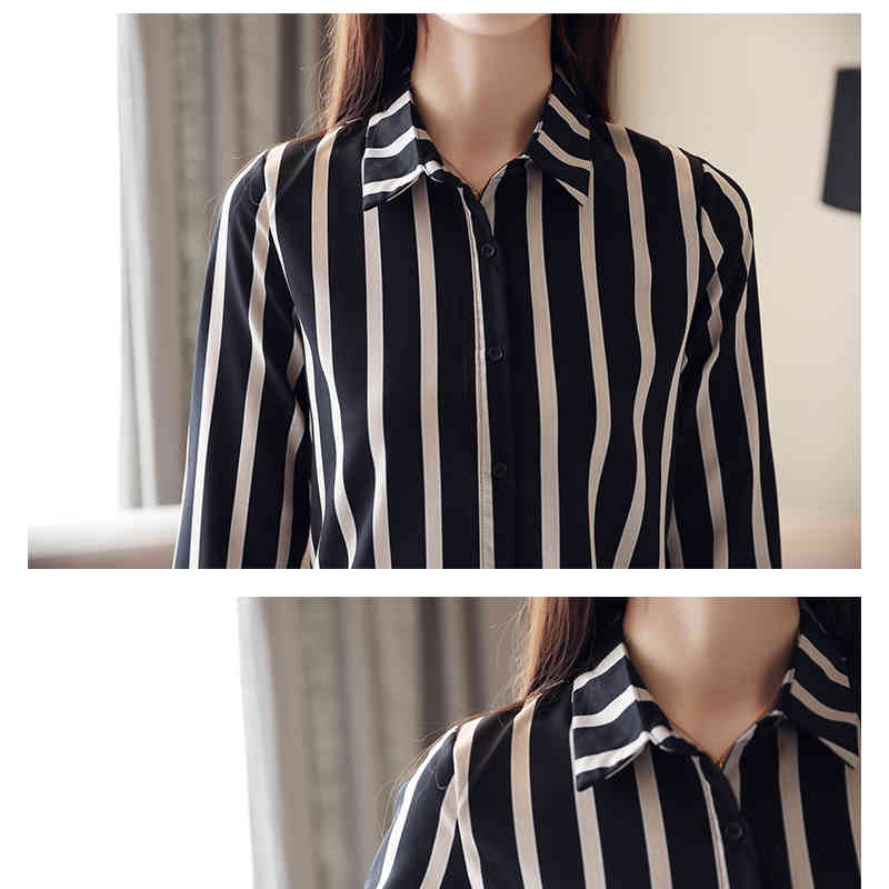 Long Sleeve Chiffon Striped Blouse Women Shirt OL Button Cardigan Plus Size Womens Blouse Shirt Camisas Mujer 6765 50 210401