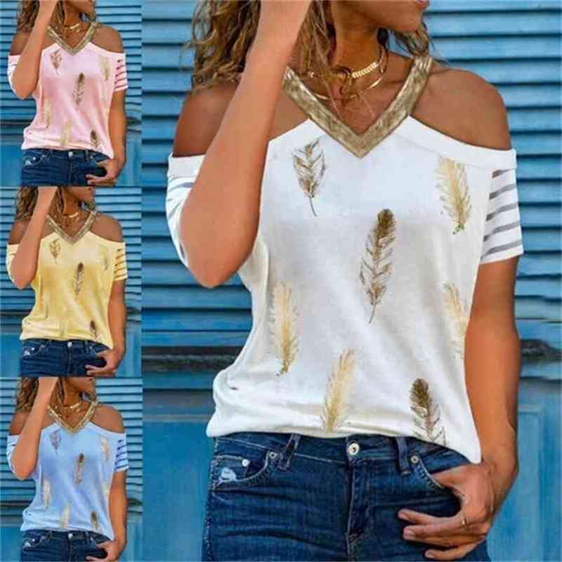 Women's Summer Sexy V-neck Off Shoulder Tops Feather Print Loose Short Sleeve T-shirt Casual Pullover Shirt Roupas Femininas 210708, Pink
Women's Summer Sexy V-neck Off Shoulder Tops Feather Print Loose Short Sleeve T-shirt Casual Pullover Shirt Roupas Femininas 210708, Pink
