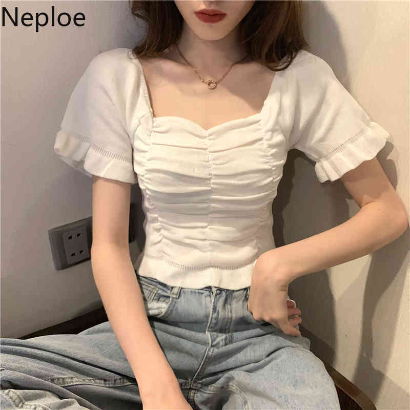 Neploe Shirts for Women High Waist Slim Crop Tops Square Collar Short Sleeve Knit Tshirts Sweet Ruffles Pleated White Tops Femme 210422