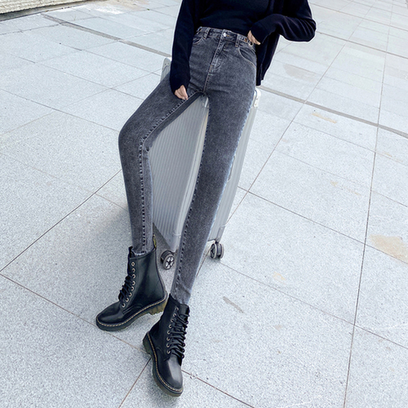Autumn Allmatch Clothes with Gray Blue High Waist Jeans Skinny Woman Streetwear Denim Trousers Vintage 10732 210518