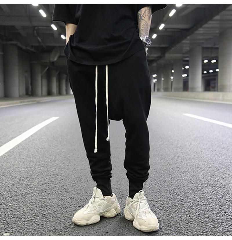 Dark Style Classic All-match Suspending Crotch Leggings Trousers Trendy With The Same Paragraph Terry Cotton Black Casual Pants Men's