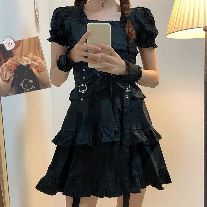 Women's Gothic Lolita Dress Punk Harajuku Mall Style Bandage Black Emo Clothes Spring 210623