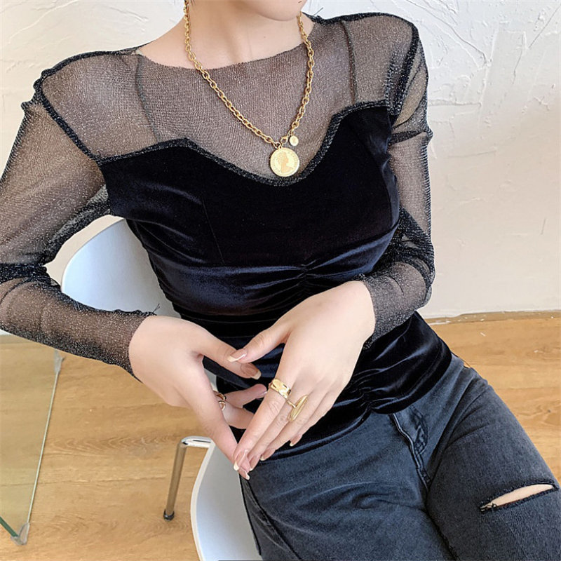 Arrival Patchwork Full Sleeves Lace Autumn Velvet Large Size Women Sexy Female Basic Brief Tops T-shirt 210421