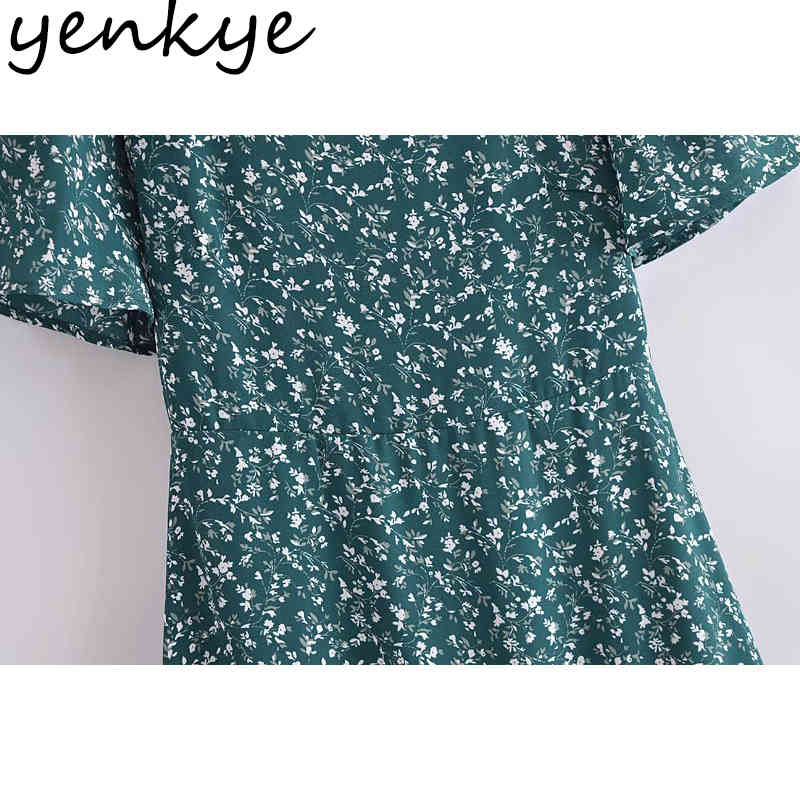 Vintage Green Floral Print Dress Women O Neck Short Sleeve A-line Holiday Summer Chiffon Ruffle Vestido 210430
