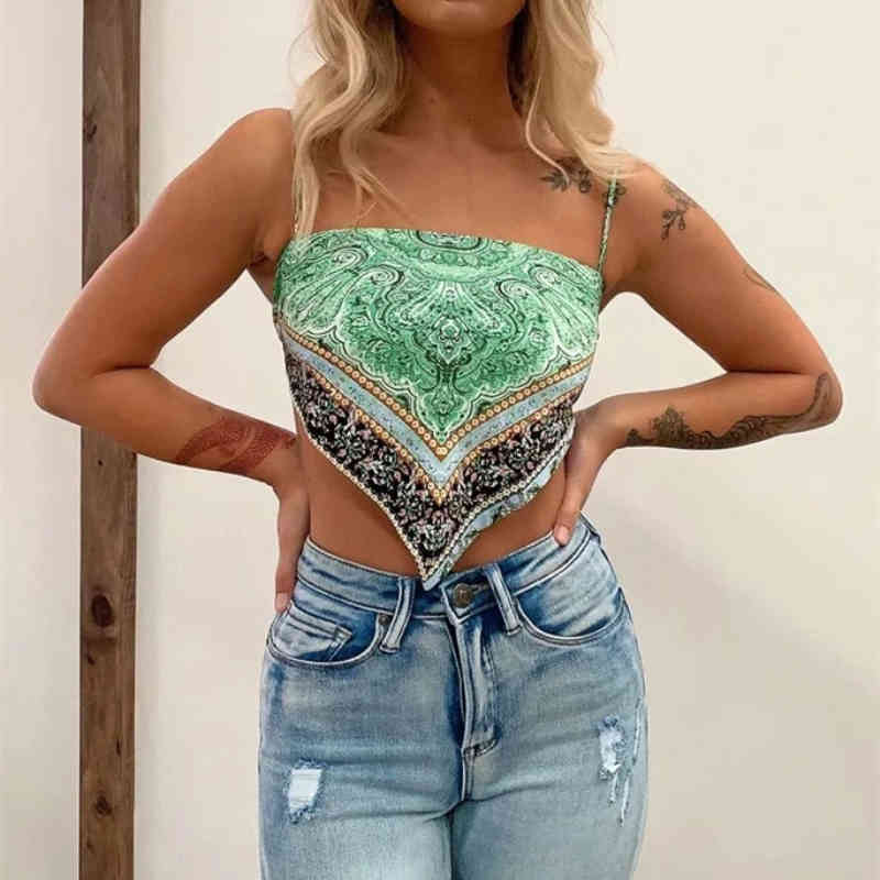Casual Woman Green Slim Print Spaghetti Strap Cropped Top Summer Sexy Ladies Backless Beach Camisole Female Chic Tanks 210515