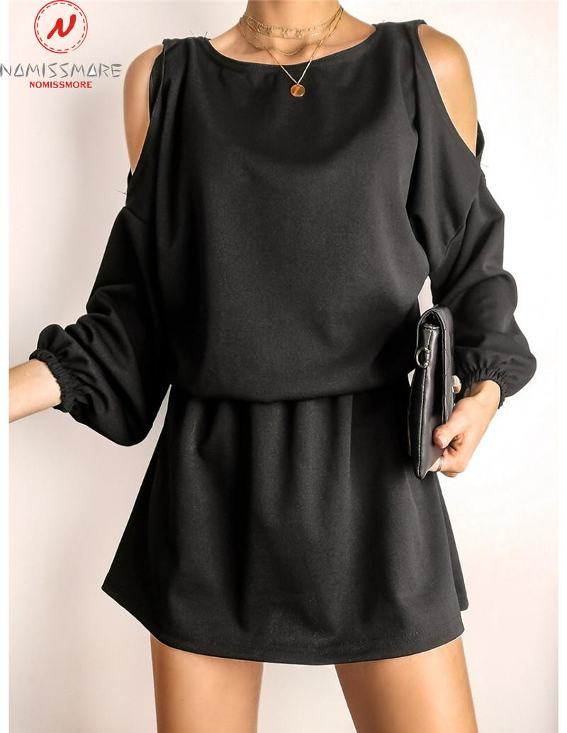 Fashion Women Solid Color Mini Dress Hollow Out Design Off Shoulder O-Neck Long Sleeve Mid Waist Casual Loose Pullovers Dresses