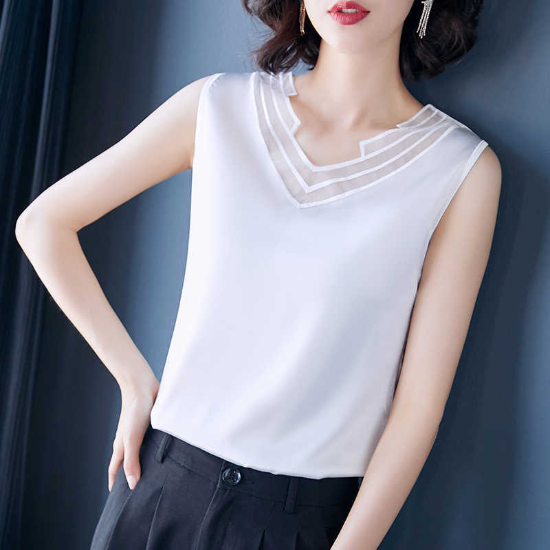Korean Fashion Silk Tank Top Women Satin Office Lady Mesh Solid Black Cami Plus Size XXXL/5XL Clothing for 210531