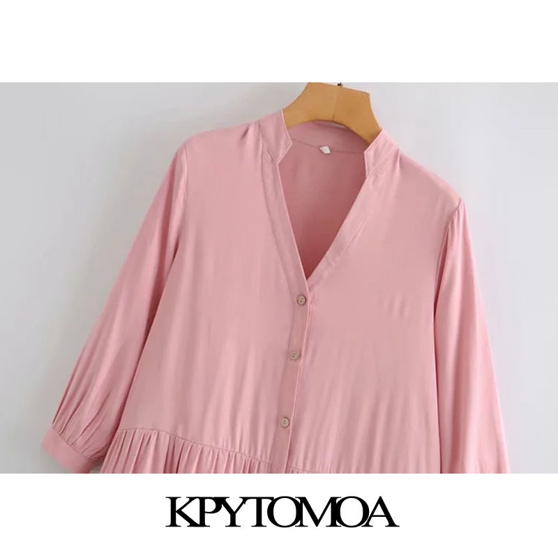 Women Chic Fashion Button-up Loose Mini Dress V Neck Three Quarter Sleeves Female Dresses Vestidos Mujer 210420