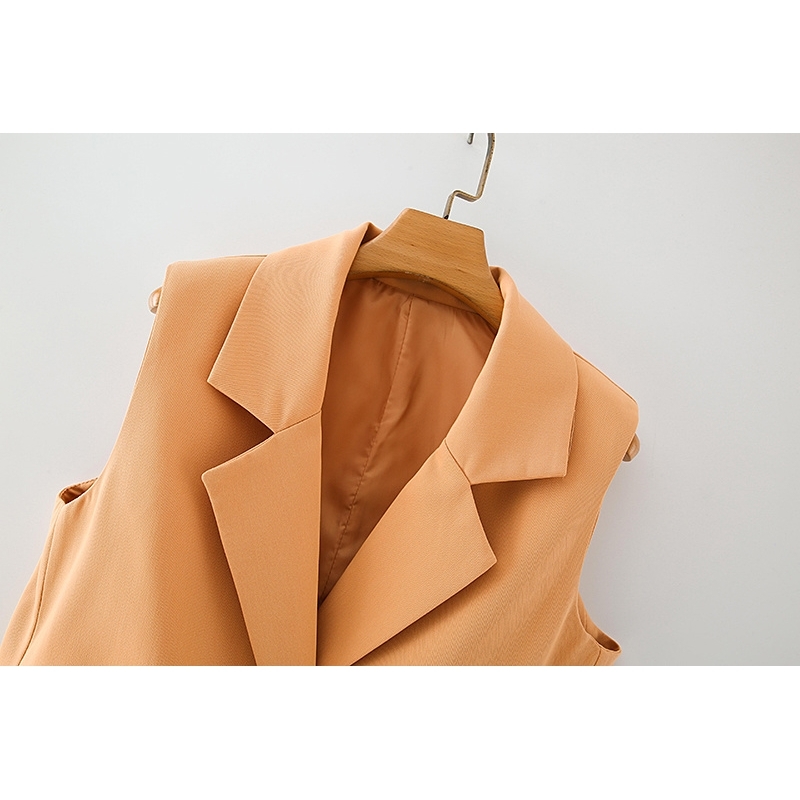 fashion women solid orange vest elegant lady v-neck bow outerwear causal female slim girls chic sets 210430