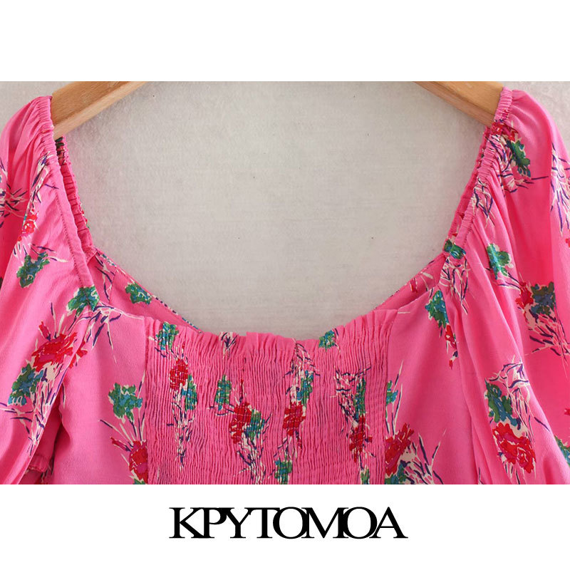 Women Fashion Floral Print Cropped Blouses Tied V Neck Puff Sleeve Female Shirts Blusas Mujer Chic Tops 210420