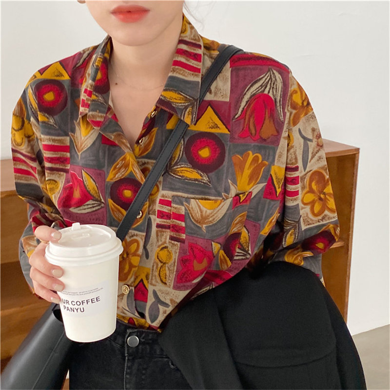 Oversize Female Elegant Office Lady Blouses Retro Print Loose Women Casual Fashion Vintage Chic All Match Shirts 210421
