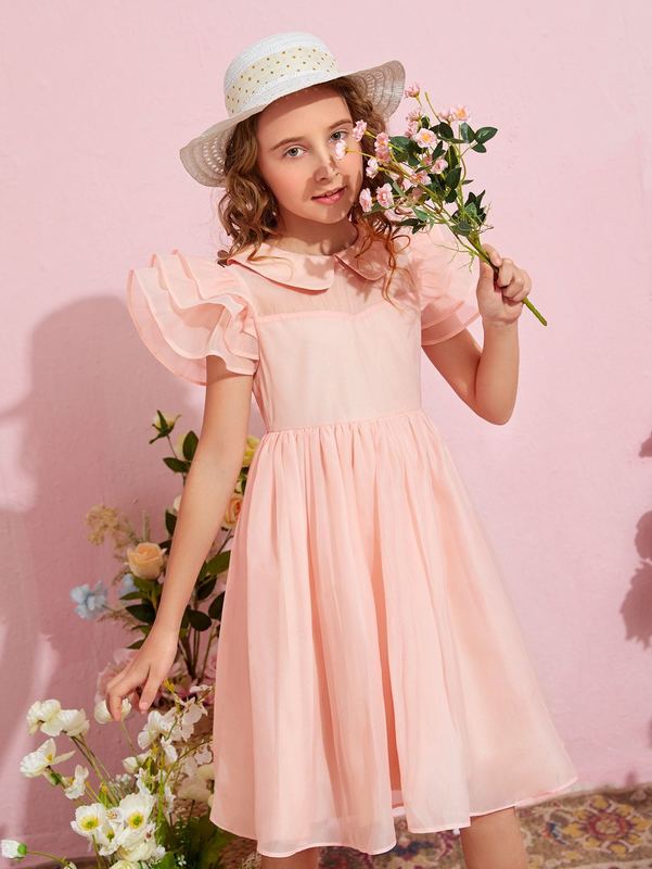 Girls Peterpan Collar Pearls Beaded Layered Sleeve Dress SHE
