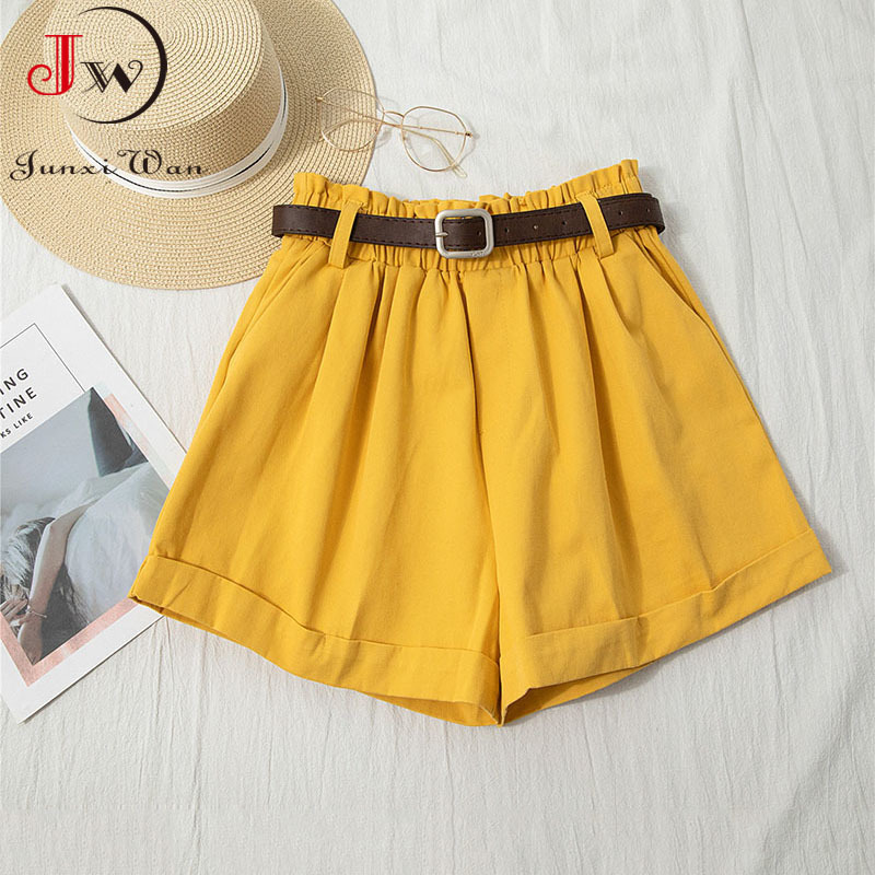Women Summer High Waist Wide Leg Shorts With Belt Korean Fashion Solid Black White Yellow Cotton Short Pants Casual Beach Ruffle 210510