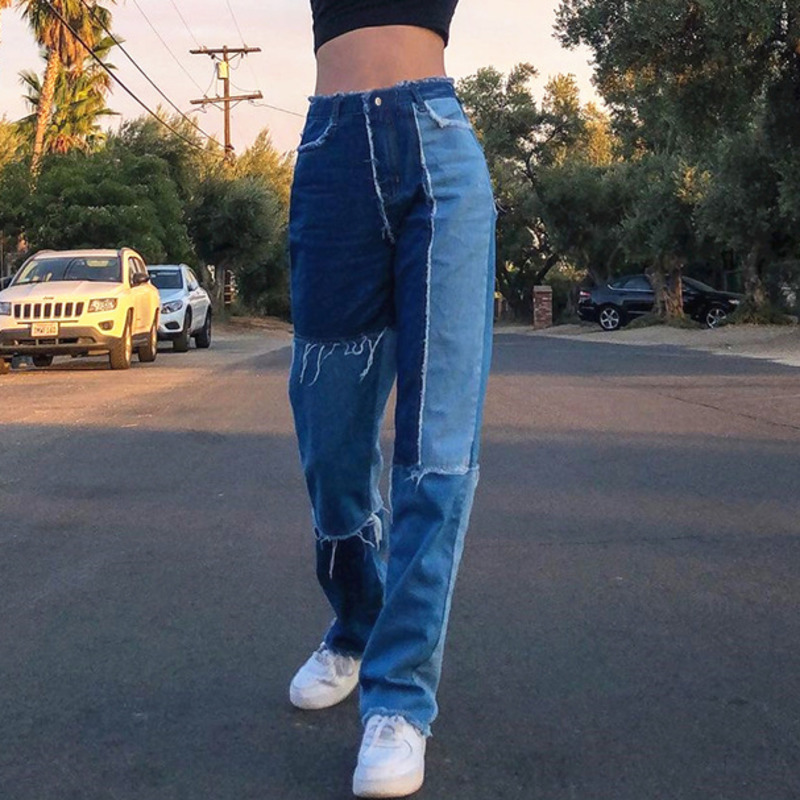 Contrast Color Jeans Women's Spring Stitching High Waist Casual Straight Female Streetwear Cowboy Pants 5A77 210427