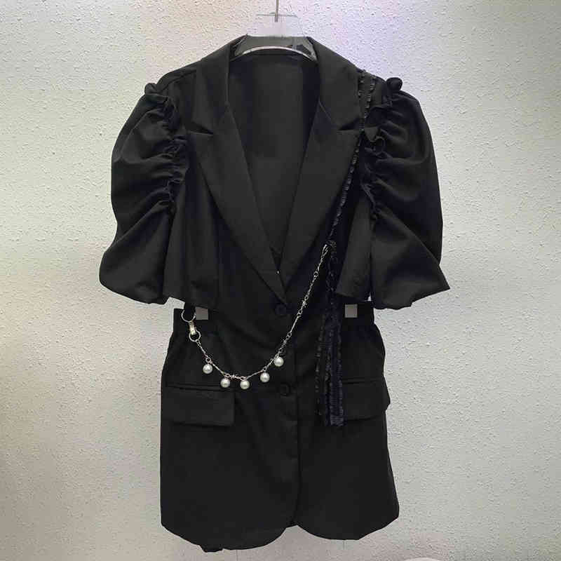 Black Patchwork Pearl Blazer Dress For Women Notched Short Sleeve Hollow Out Mini Dresses Female Fashion 210520