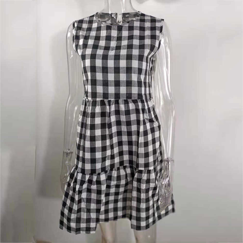 Dresses For Women Summer Casual Loose Plaid Print Ruffled Midi Sleeveless Vintage Ladies Vacation Sundress 210623