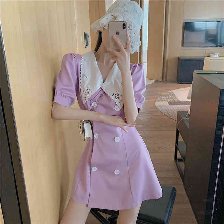 Summer Women Purple Dress Turn down collar Short Sleeves Double-breasted Mini Vestidos Office Lady Wearing 210519