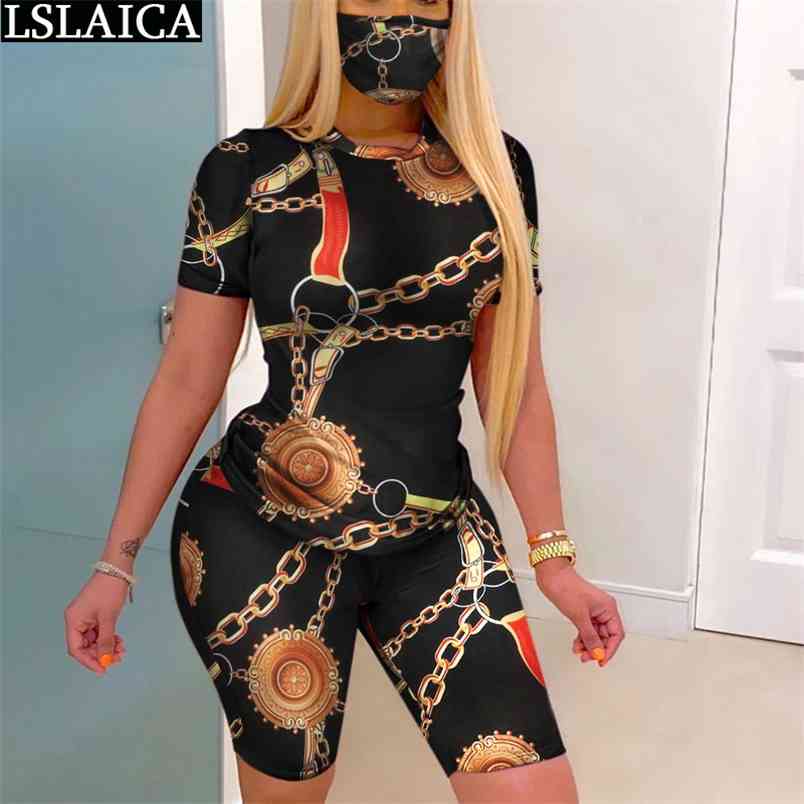 Tracksuit Women Summer Fashion Short Sleeve T-shirt Pants Tracksuits for Chain Print Casual Sets With Mask 210515