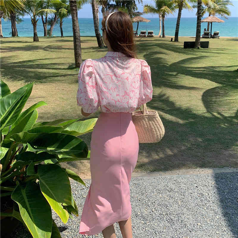 Summer Women Casual Two Piece Set Sweet Flowers Puff Sleeve Chiffon Shirt Top + High Wiast Bodycon Pencil Skirt Ladies 210518