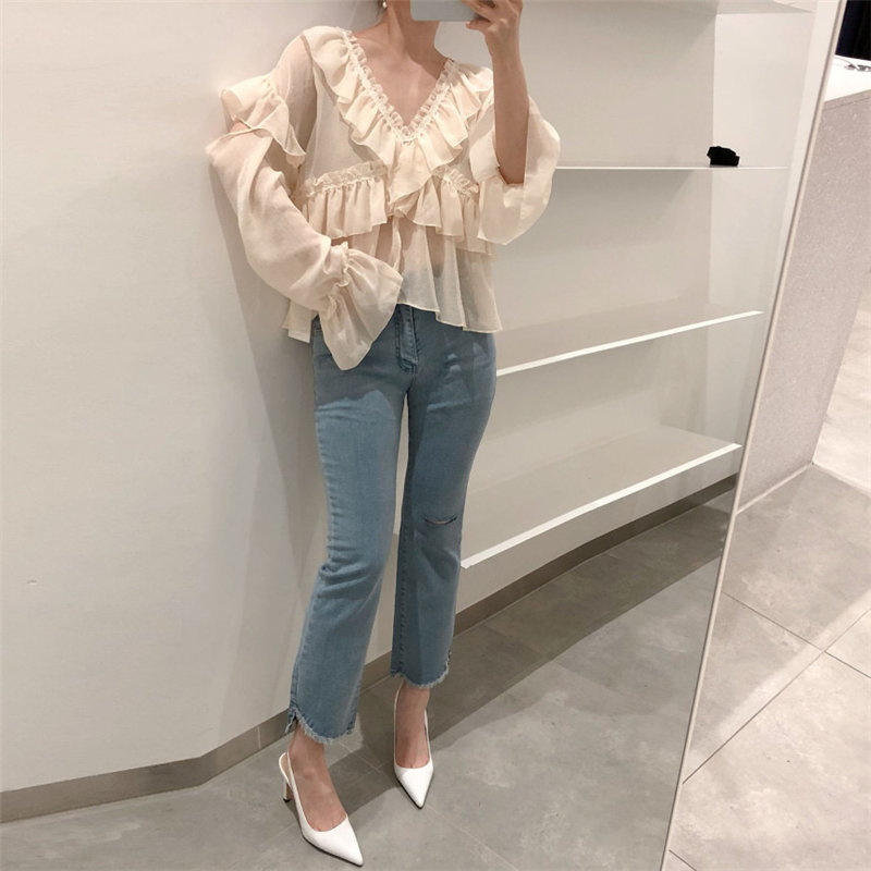Comelsexy Korean Ruffles Chic All Match Summer Loose Casual Tops V-Neck Sweet Clothe Fashion Women Solid Blouses 210515