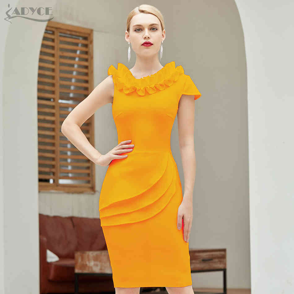 Summer Women Yellow Ruffles Club Bodycon Bandage Dress Sexy Sleeveless Celebrity Runway Party Dresses Vestidos 210423