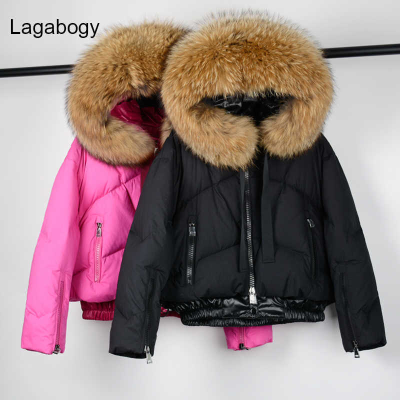 Lagabogy Top Quality Winter Coat Women Large Raccoon Fur Hooded 90% White Duck Down Thick Parkas Female Snow Puffer Jackets 210819