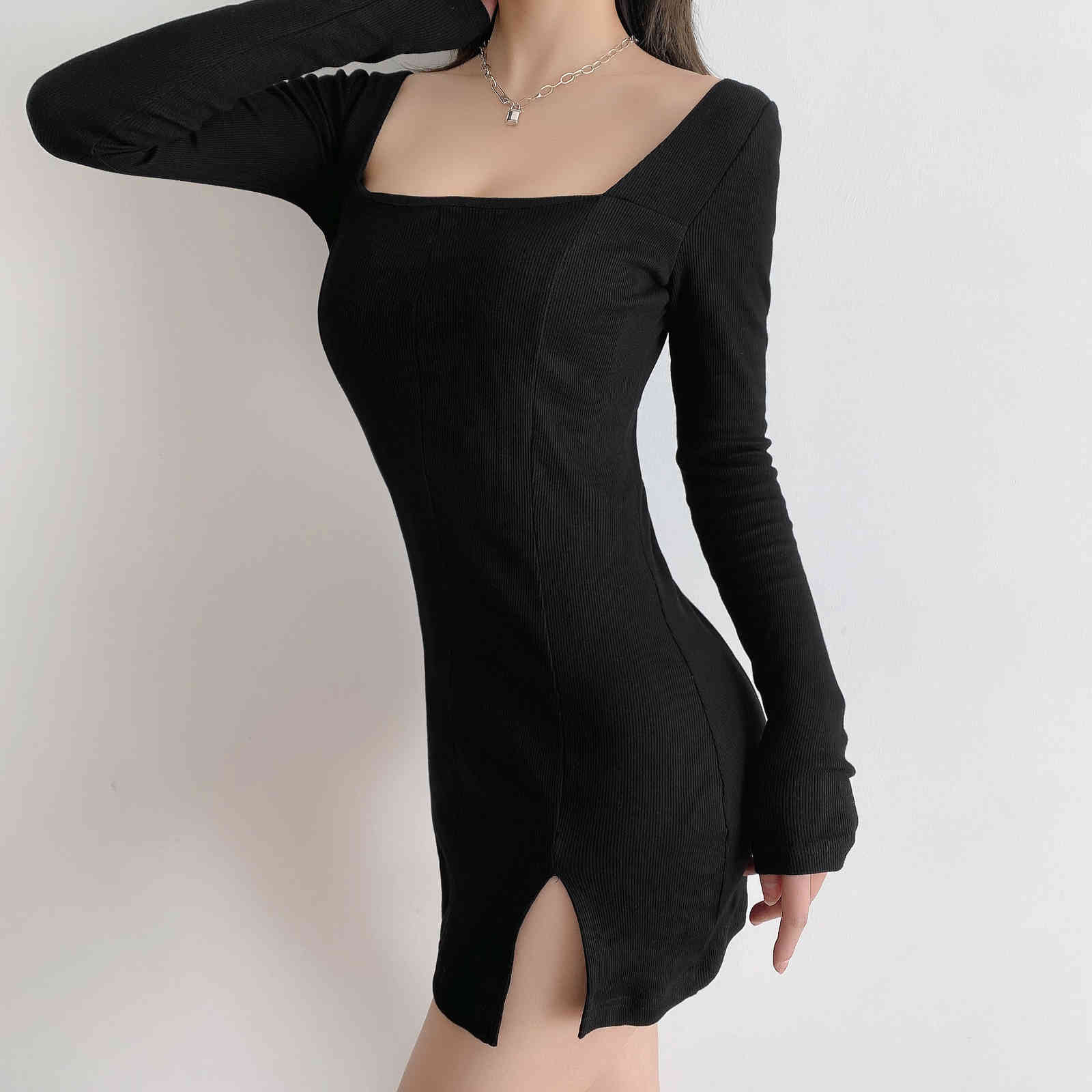 Sexy Side Slit bodycon Mini Dress Retro Women Square Collar Stretch Split Long Sleeve Dresses 210429