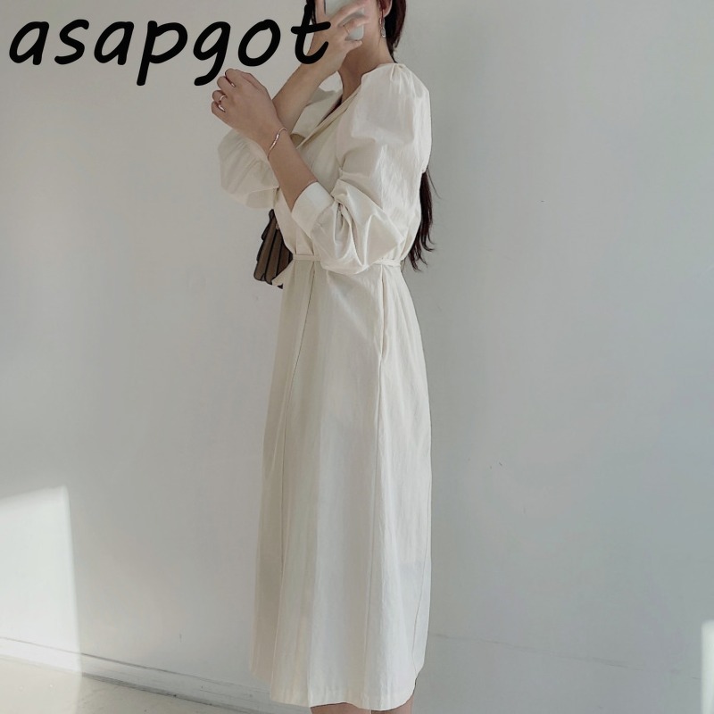 Dress Elegant Temperament Minimalist Spring Puff Full Sleeve Big Lapel Women Lace Up Waist Slim Vestido De Mujer 210429