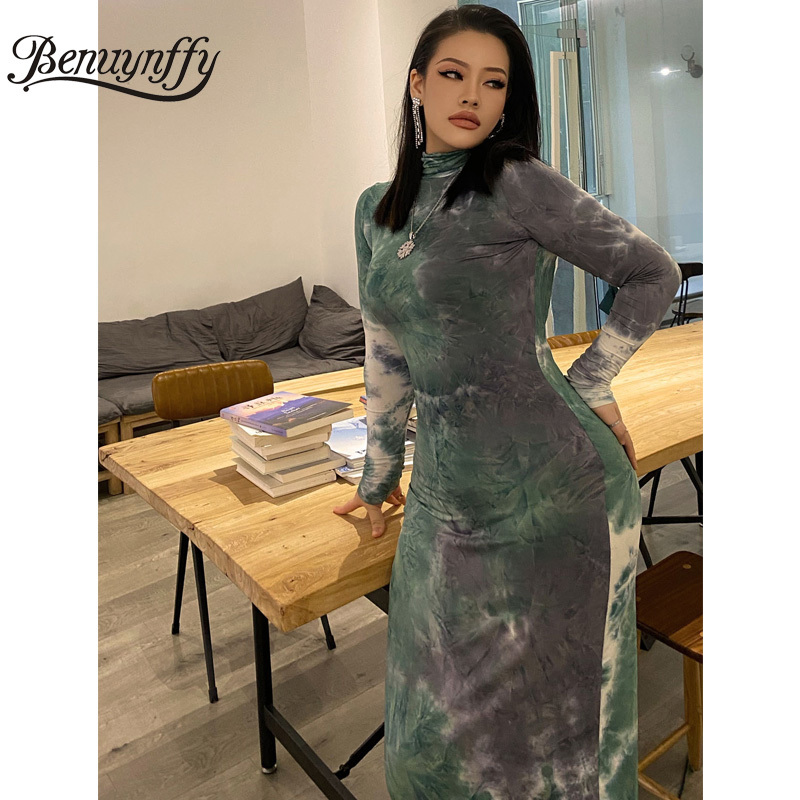 Turtleneck Tie Dye Slim Fit Long Dress Women Spring High Waist Sleeve Plus Size Ladies Elegant Bodycon 210510