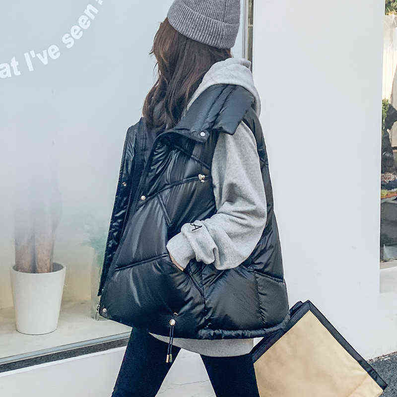 Shinny Winter Puffer Vest Women Solid Turn Down Collar Zipper Quilted Ladies Sleeveless Jacket Loose Korean Style Waistcoat 211105