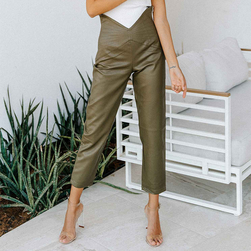 Women Pant High Waist Pu Leather Pants Irregular Vintage Ankle-length Black Trousers Fashion 210513