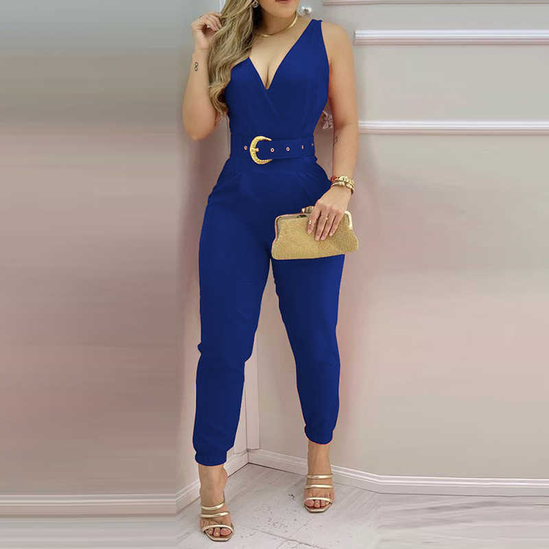 Women Fashion Elegant Sleeveless Partywear Jumpsuits Formal Office Lady WorkWear Casual V Neck Belted Jumpsuit 210716