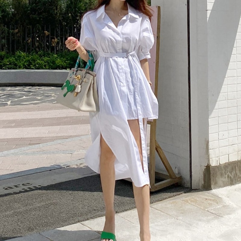Korean Summer Fashion Shirt Dress female Vintage Irregular Sashes Elegant Women Casual White 210519