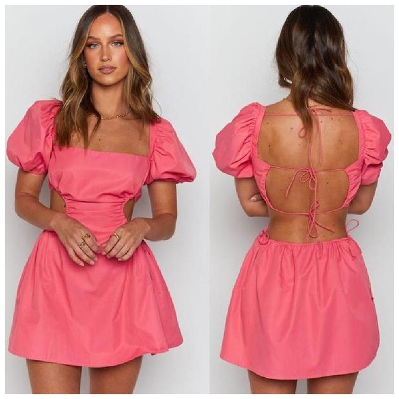 Summer Sexy Backless Women's Mini Dress 6 Color Square Collar Lace Up Hollow Out Puff Short Sleeve A-Line Female 210522