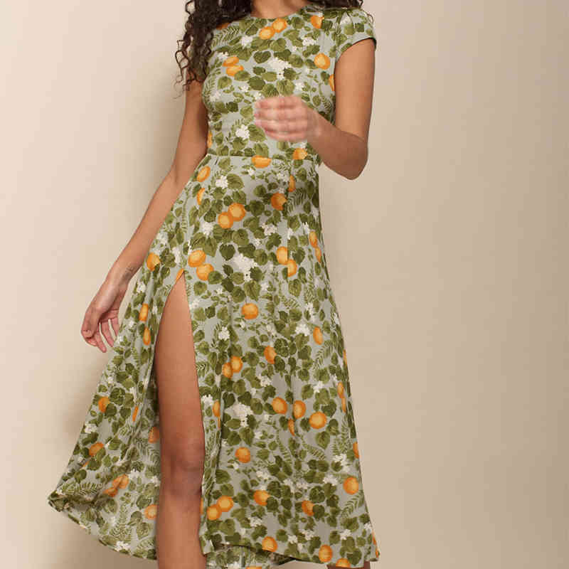 Sexy Backless Vintage Lemon leaves Print Dress Women O Neck Short Sleeve A-line Chiffon Summer Long Robe Longue 210430