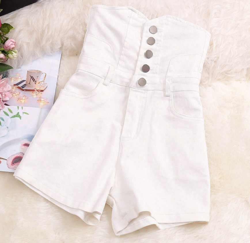 spring summer fashion single breasted denim shorts women high waist wide leg jeans 210714