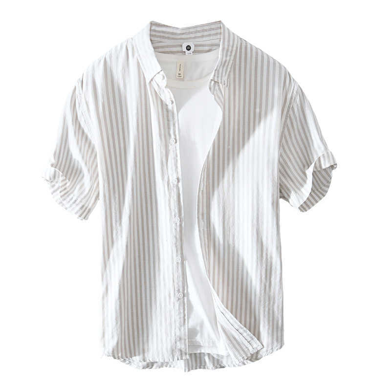 Summer and Spring Men Short Sleeve Striped Shirt Loose Cotton Casual Youth Top Workwear Khaki Blue GCL867 210721