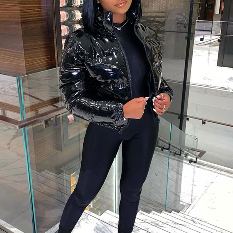 Women's Jackets Crop Bubble Puffer Winter Jacket Coats Faux Patent Leather Warm Long Sleeve Women Outerwear Zipper Casual Solid Parkas