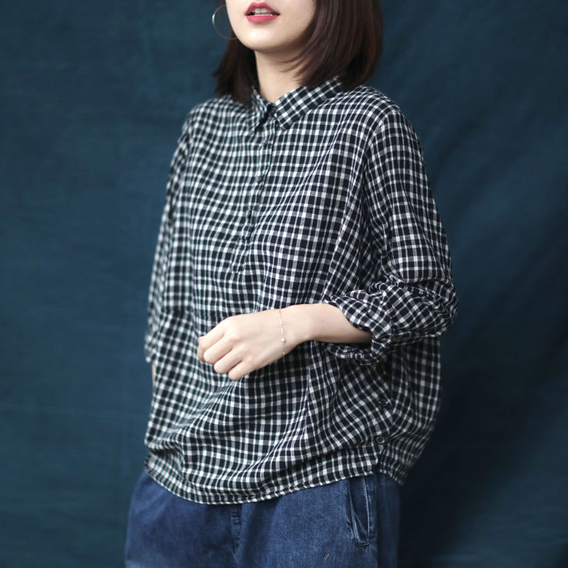 Spring Arts Style Women Long Sleeve Turn-down Collar Loose Shirts Cotton Linen Plaid Casual Blouses Femme Tops Plus Size S701 210512