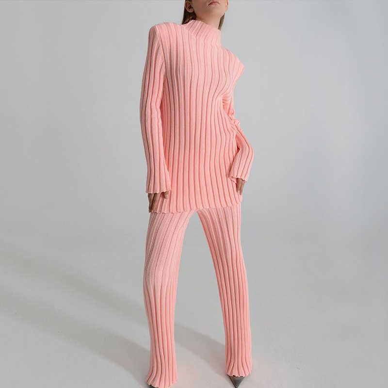SpotLtWM Cotton Casual Women Knitted Two Piece Sets Ladies Slim Outfits Solid Striped Turtleneck Sweater And Elastic Pant Suits 211007