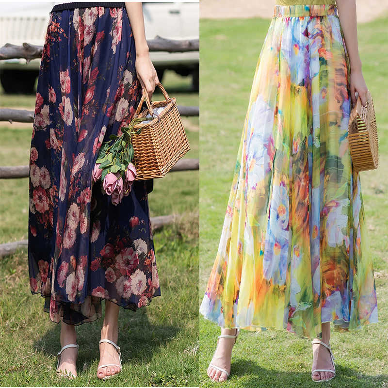 Women Elastic Waist Chiffon Elegant Printed Long Skirt Female Bohemia Beach Holiday silk-like With Big Hem 210619