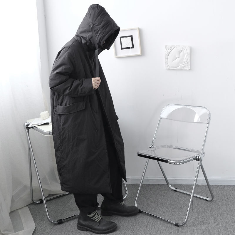 IEFB Men's black cotton padded jacket asymmetric Hooded winter long Coat loose casual oversize clothes zipper pockets 9Y4659 210524