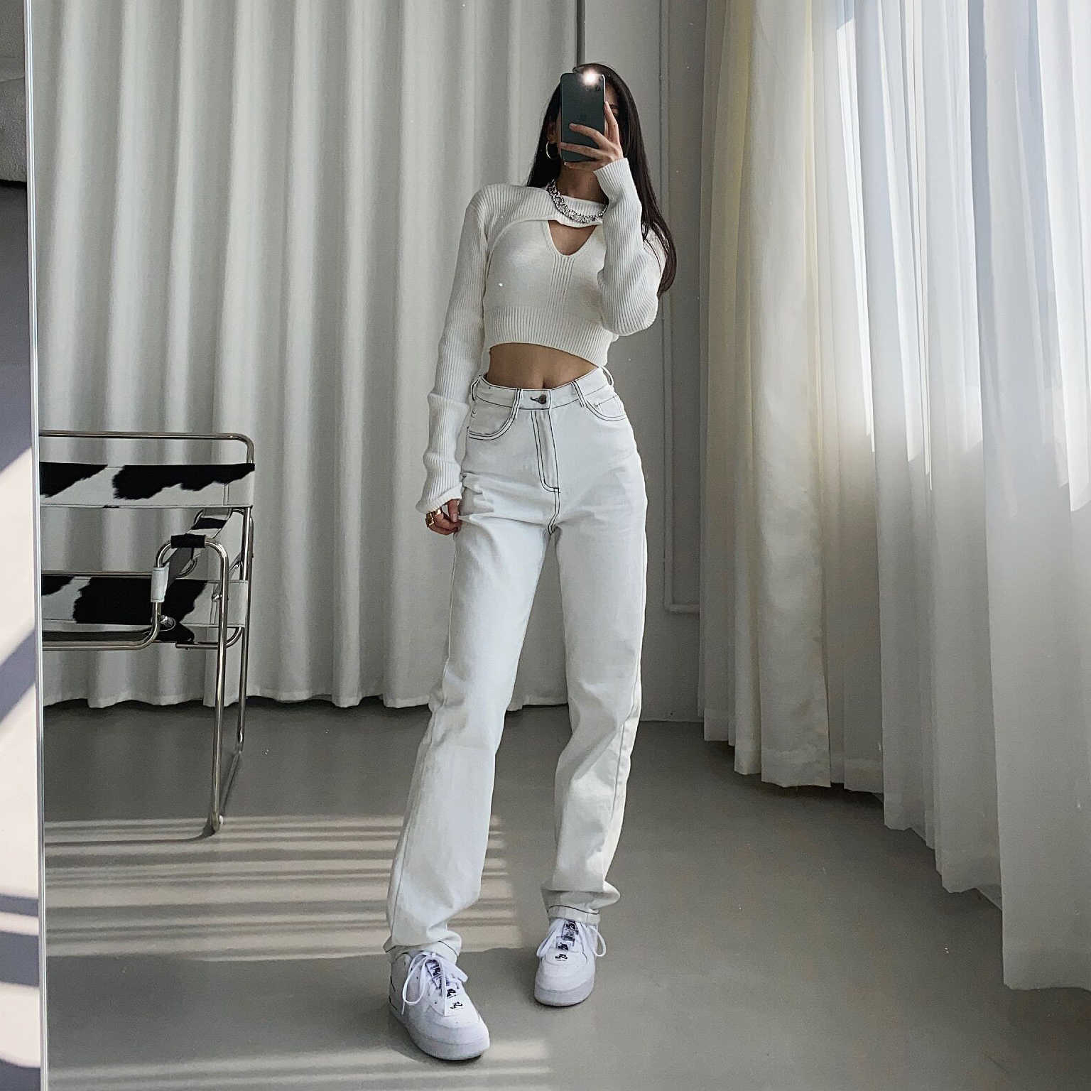 Korean Fashion White Jeans for Women High Waist Long Streetwear Trousers Straight Leg Pants Denim Ladies Baggy Femme Black 210809