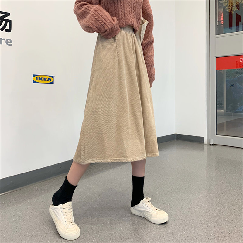 Preppy Style Stylish Corduroy Large Size Winter Women Slender Elastic-Waist Vintage A-Line Casual High Waist Long Skirts 210421