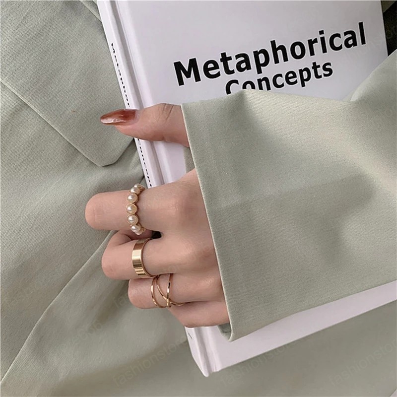 Korean Ring 4pcs/set For Women Opening Ring Set Metal Adjustable Geometry Female Simple Creative Finger Rings Party Jewelry